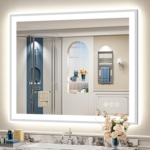 Image of 48x40 Brushed Nickel LED Bathroom Mirror with Lights, Backlit & Front-Lit, Anti-Fog, Framed Lighted Vanity Mirrors for Bathroom Wall, Dimmable, 3 Colors, Memory, Shatter-Proof, Tempered Glass