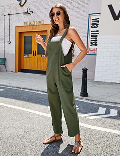 Qibabu Baggy Cotton Linen Overalls For Women Straps Wide Leg Bib Pants Romper Jumpsuits With Pockets(1130-Green-M-Qb) #TOP4