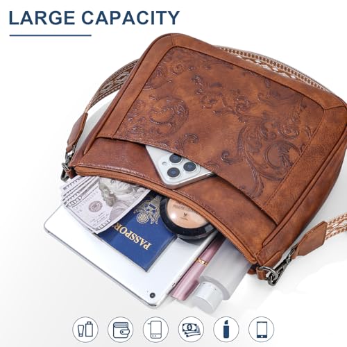 Crossbody Bags for Women,Vegan Leather Crossbody Purse with Adjustable Strap Embossed Flower Women's Shoulder Handbags3