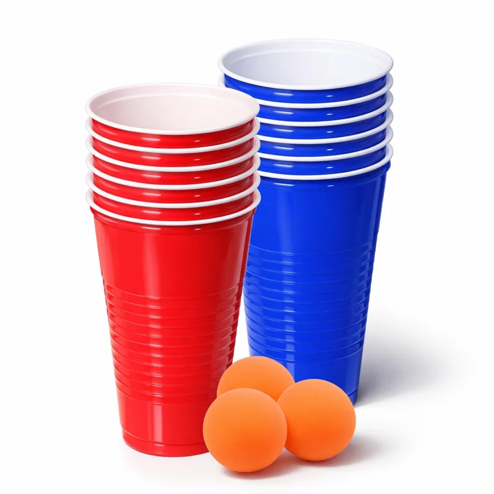 ZOPPER Reusable Plastic Party Cups 24 Pack - 10 Red & 10 Blue Glasses with 4 Ping Pong Balls, Sturdy Leakproof Cups for Party Games, BBQ, Birthday, Picnic, Events & Celebrations
