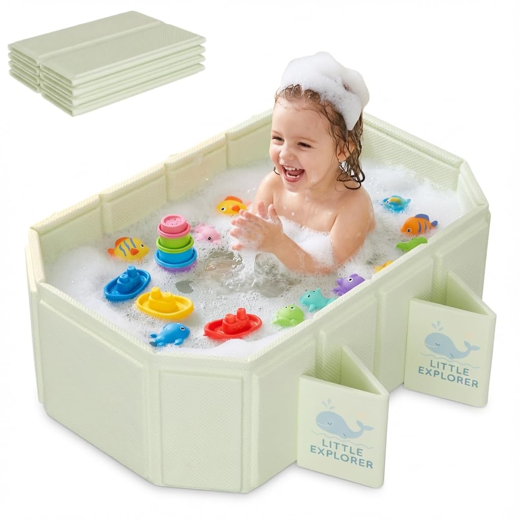 Portable Foldable Baby Bath for 0–6 Years, Collapsible Toddler Bathtub for Shower & Travel, Kids Bath Tub with 4 Stable Support Legs & Dual Drain Holes, Compact Easy Storage Baby Bath, Light Green