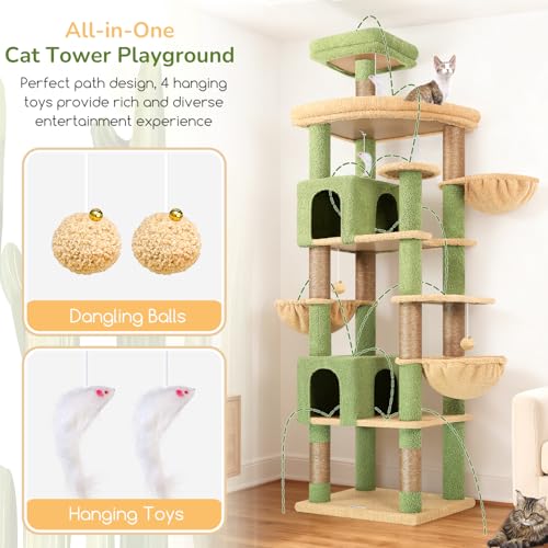 Image of Globlazer Extra Large Cactus Cat Tree Tower, 82in Tall Heavy Duty Cat Tree for Indoor Cats Large Adult Big Cat Tower with 8 Scratching Posts, 2 Cat Condos, 2 Top Perches, 3 Hanging Baskets, S82, Green
