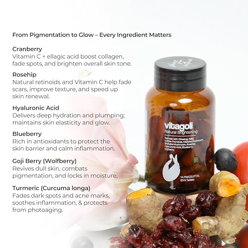Image of Vitagoli Natural Skin Brightening & Pigmentation Tablets | Collagen Support with Hyaluronic Acid, Tomato Extract & Korean Ginseng | Dark Spot Reduction, Skin Barrier Repair, Hydrates & Glow