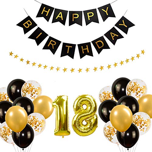 WIWJ 18 Cumpleaños Decoración Oro Negro, Globos de Papel de Aluminio, 18 Decoración de Cumpleaños Fiesta Feliz Cumpleaños Banner Globos para Hombre Mujer Cover