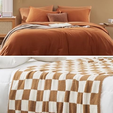 WRENSONGE Burnt Orange Soft 7 Pieces Queen Comforter Set and Checkered Throw Blanket 50x70 inch Cover