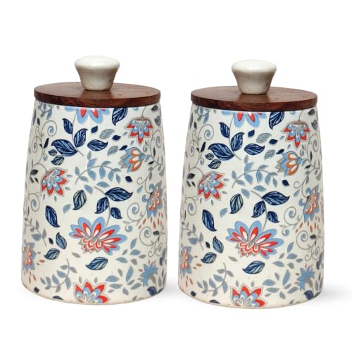 Image of Vistas 'Blue Bloom' Airtight 450ml Set of 2 Straight Ceramic Jar for Kitchen Storage | Handcrafted Ceramic Barni with Wooden Lid | Multipurpose Pickle, Spice, Salt, Sugar, Coffee & Achar Container.