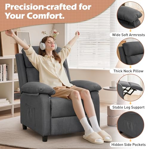 Image of Korser Recliner Chair, Living Room Chairs for Adults, Padded Deep Seat Reading Chair with Side Pockets, Small Recliners for Small Spaces, Lounge Chair for Living Room, Bedroom, and RV (Linen)
