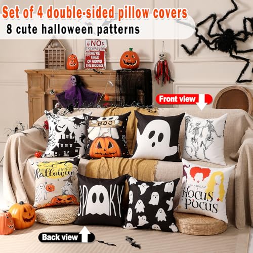 Halloween Decorations Set of 4 Double-Sided Print Ghost Pillow Covers 20" x 20", with 8 Cute Different Looks with Halloween Decor, Soft Linen Throw Pillow Covers for Outdoor & Indoor Use