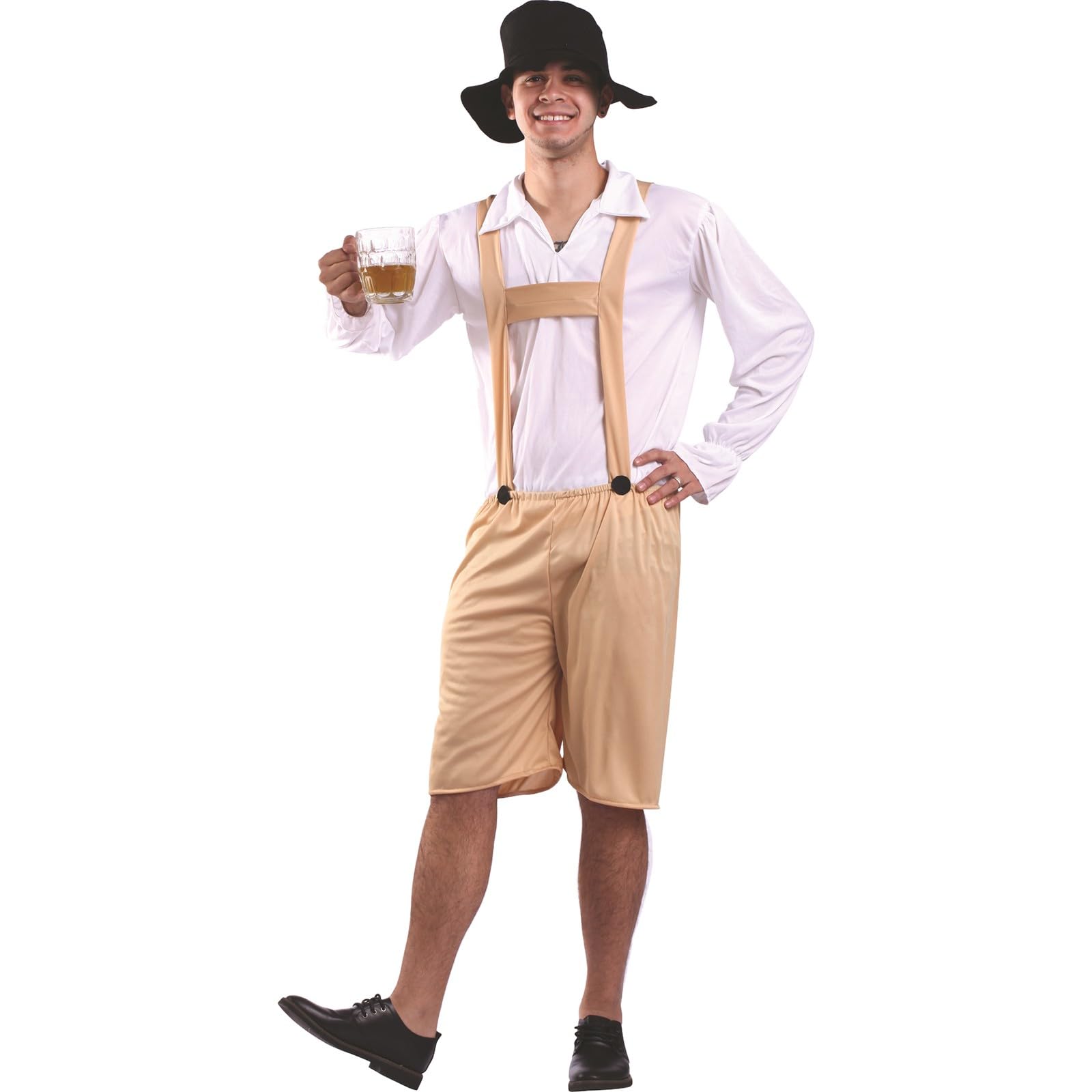 Bayerische Premium Trachtenhose Herren Kurz Lederhose Tracht Original Trachtenlederhosen für Trachtenmode Kurze Beige Lederhosen mit Weißes Hemd Langarm Hosenträger Trachtenhut Oktoberfest Outfit