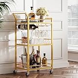 TUTOTAK Bar Cart, Home Bar Serving Cart with 3-Tier Mirrored Shelf, Wine Cart, Mobile Kitchen Shelf, Gold BC01BB034