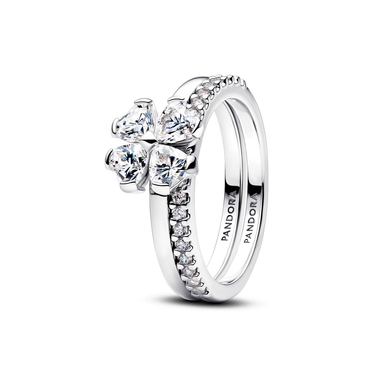 PANDORA Anillo de trébol de la suerte para dividir en plata de ley 925 con circonitas cúbicas, juego de 2 anillos para mujer con piedras en forma de corazón y engaste pavé, apilable, tamaño: 52