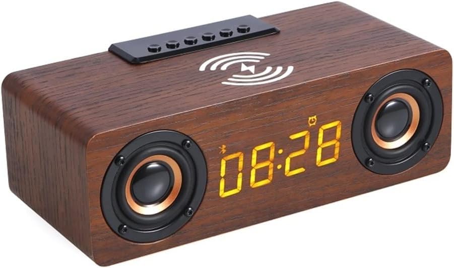 PJKHJUY Wooden Digital Alarm Clock Speakers 10W Fast Charger Station for Bedroom Sleep Timer Wooden Speakers