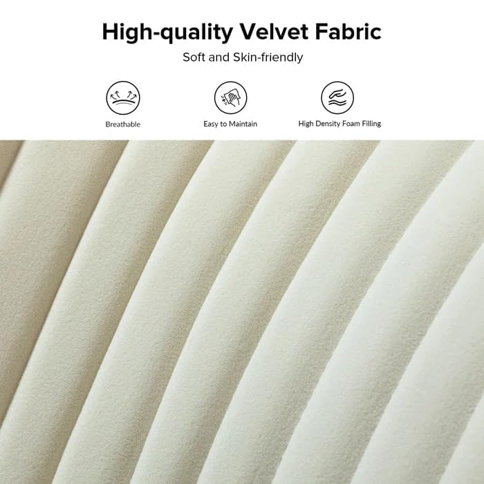 Image of Modern Upholstered Accent Velvet Chair Single Seater Channel Tufted Wing Back Chair with Golden Matel Legs for Living Room, Bedroom, Dining Room, Ivory