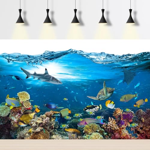 Image of Under The Sea Aquarium Background Tropical Marine Colorful Coral Reef Panorama Terrarium Background Blue Sea with Sunbeams Fish Tank Backdrop Deep Sea Tropical Fish Groups Backdrops 36x18in