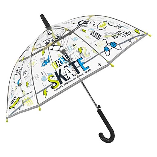 PERLETTI Paraguas Niño con Monopatín y Relampágos Transparente - Paraguas Free Skate Lúcido Automático a Cúpula - Sombrilla Pequeños 4/6 Años con Detalles Reflejantes - POE - Diámetro 74 cm (Verde)