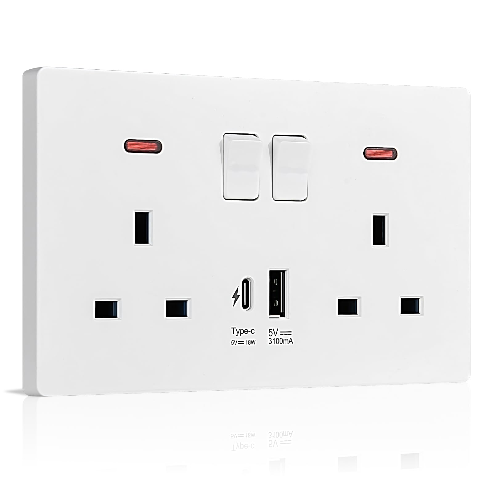 Ainiv Double Plug Socket, Switched Wall Socket with Charge Type A and Type C USB Charging Ports, Electrical Power Outlets 2 Gang 13A Twin Electric Double Sockets, White