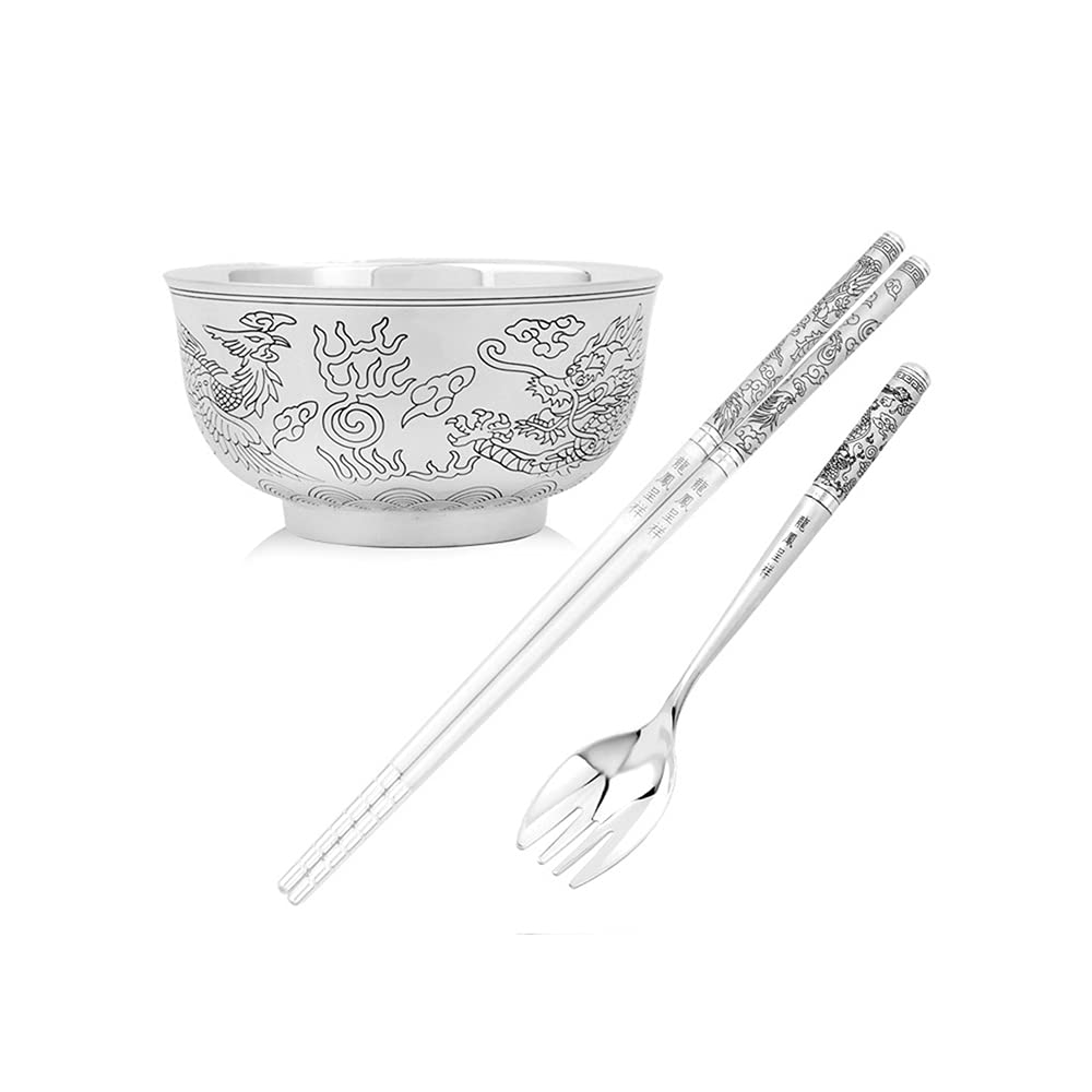 Bol à Grains en Argent Sterling, Bol à Dessert à la Salade, Bol à Riz à Nouilles, Bol à Soupe, Bol en Argent sculpté à la Main, 350 ML,Three Piece Set