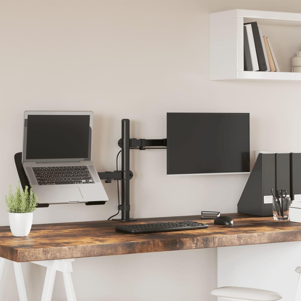 Supporto per monitor in acciaio nero VESA 75 100 mm | Orientabile e girevole, morsetto a C, passacavi, supporto per laptop, spessore del tavolo 10-88 mm