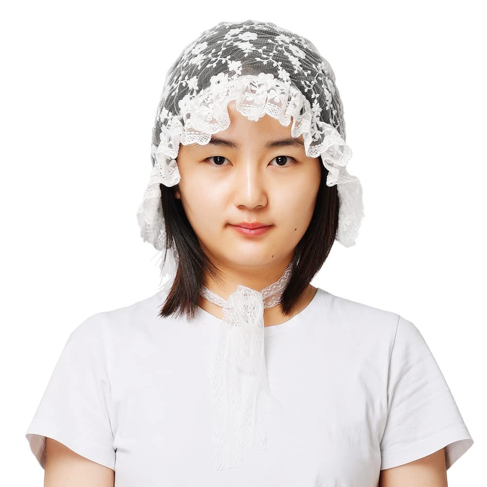 BPURB Victorian White Lace Bonnet Hat for Women Ladies Handmaid Medieval Colonial Costume Accessory Cotton (White-3)