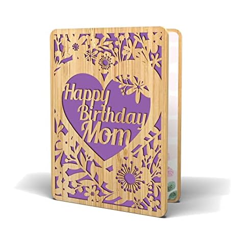 Happy Birthday Card For Mom - | Made From Real Bamboo | 6" X 4.5" - 1 Pack (Envelope Included) | Laser Cut, Floral Birthday Card for Mom from Daughter or Son Cover