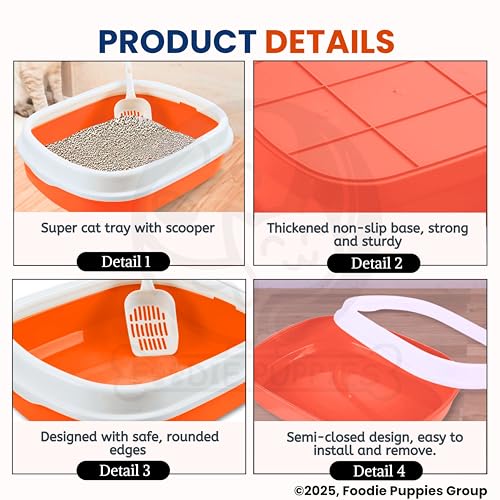 Image of Foodie Puppies Cat Litter Box Tray with Rim and Scooper - (Orange) (Large, 46 x 38 x 13 cm) | Semi-Closed Design and Durable Quality | Pet Litter Sand Tray Suitable for All Adult Cats & Kittens