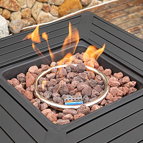 COSIEST Outdoor Metal Fire Table, 28-inch Square Black Brown Fire Pit, 40,000 BTU Auto-Ignition Fire Bowl w Imitation Wicker Base, Internal Propane Tank, Free Brown Lava Rocks