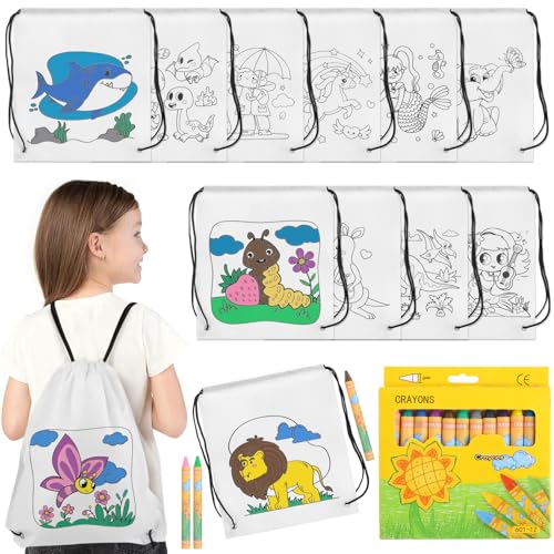 Lot de 13 sacs rétractables à peindre pour enfants, 12 sacs en tissu à peindre avec 12 motifs d'animaux et crayons de couleur (12 couleurs en 1 lot), petit...