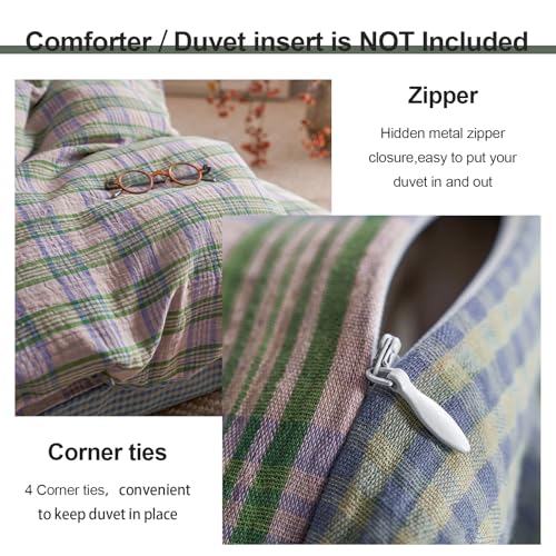 Image of EAVD Vintage Pastel Pink Buffalo Plaid Duvet Cover Twin Soft 100% Cotton Muslin Retro Green&Purple Grid Checkered Plaid Bedding Set with 2 Pillowcases Aesthetic Gingham Duvet Cover with Zipper Closure