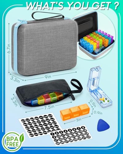 Image of Monthly Pill Organizer 2 Times a Day with Weekly Pill Bags, Portable Hard Shell Case, Pill Cutter & Opener Pick, Monthly and Weekly Stickers for Medication Management (Blue, 3 Times a Day)