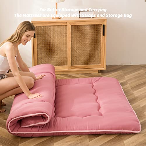 Image of MAXYOYO Japanese Floor Mattress Futon Mattress, Thicken Sleeping Pad Foldable Roll Up Floor Futon for Adults Tatami Mat Dormitory Couch Lounger, Pink, Queen Size