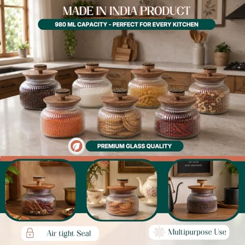 Image of Gleam Glass Jar with Wooden Lid & Resin Knob - Aesthetic & Durable Glass Storage Jar for Organizing Kitchen & Home Essentials