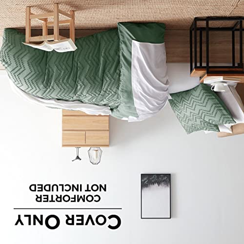 Image of Green Duvet Cover King Size - Boho Bedding King Duvet Cover Set, 3 Piece Tufted Double Brushed Boho Duvet Cover King with Zipper Closure, 1 King Size Duvet Cover Set 104x90 Inches and 2 Pillow Shams