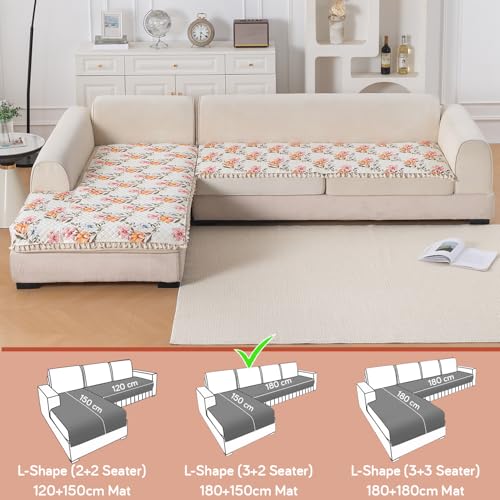 Image of HOKIPO Painterly Floral L Shape (3+2 Seater) Sofa Seat Mat with Tassel| Quilted Sofa Cover Mat, 'Tassel Twigs' Series (IN-984-T8 + IN-986-T8)