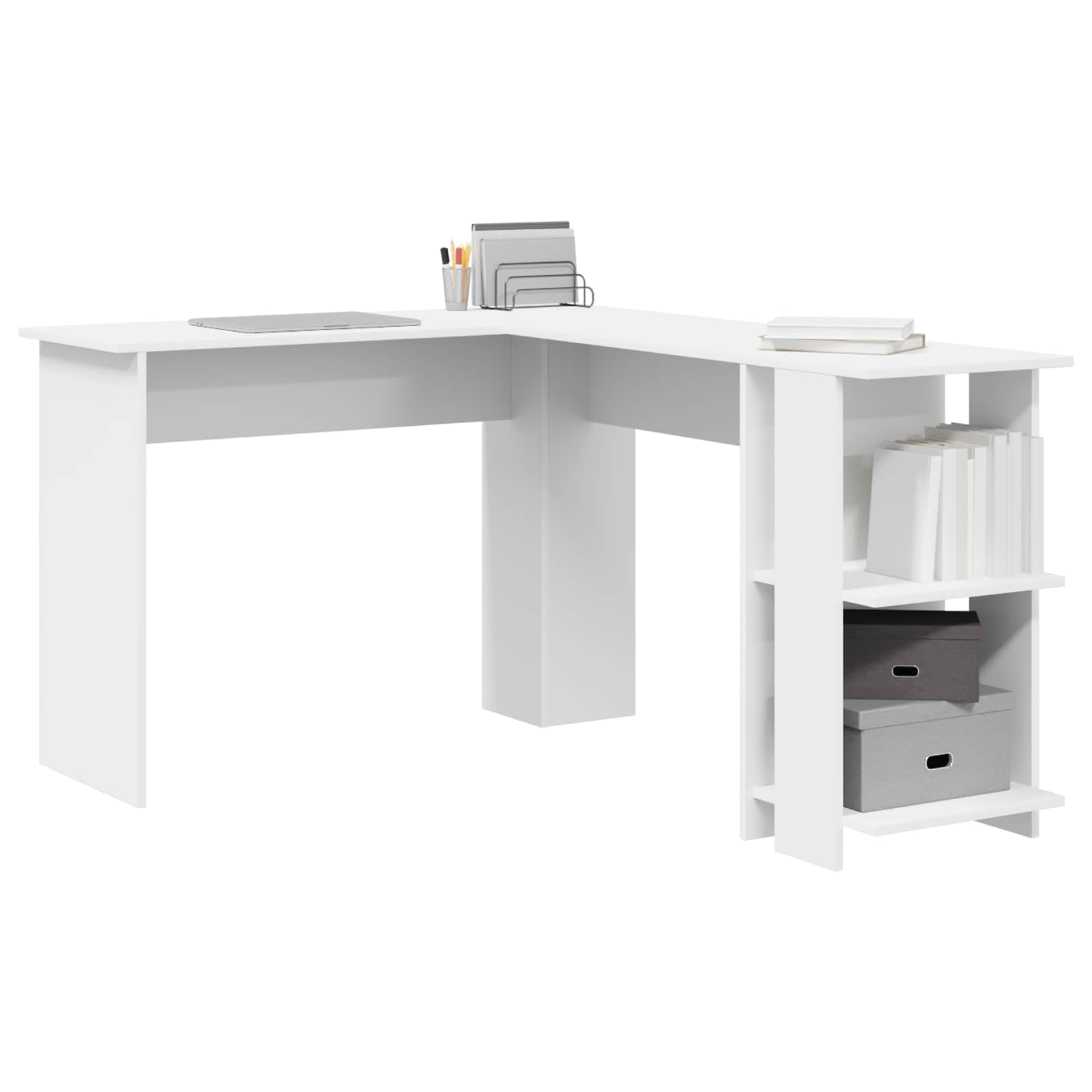 Scrivania ad angolo bianco in legno ingegnerizzato con ripiano e cassetto, tavolo per ufficio casa studio, postazione lavoro salvaspazio per computer e gaming