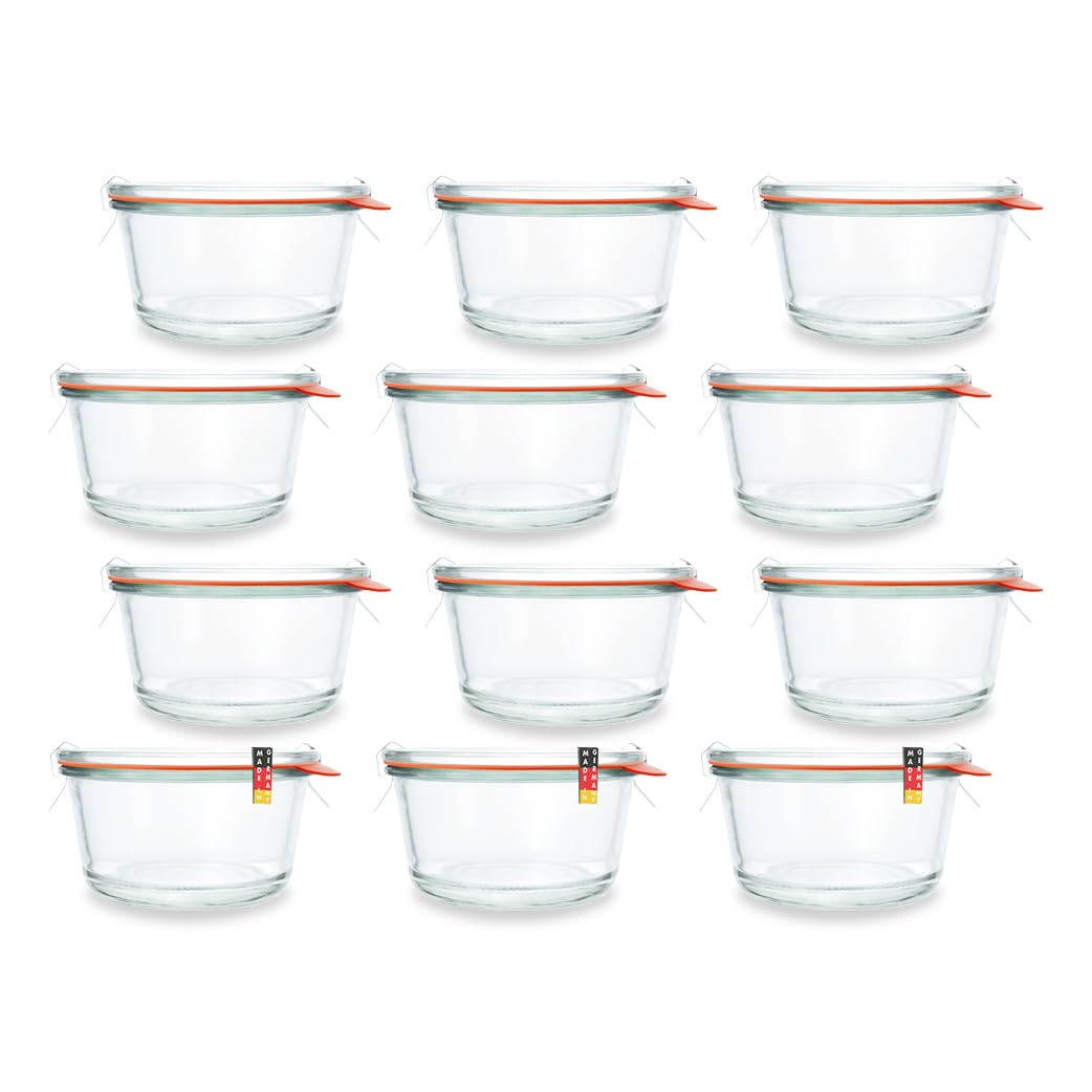 Flaschenbauer - Lot de 12 bocaux gourmands de 450 ml - Qualité traditionnelle pour cuisines modernes - Ensemble complet avec couvercle en verre, anneaux et pinces dans un carton d'origine