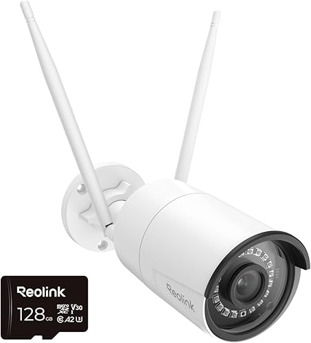 REOLINK Cámara de seguridad para exteriores con paquete de tarjeta microSD de 128 GB, 5MP, WiFi de 2.45 GHz, detección inteligente de
