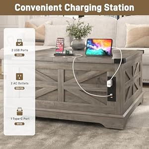 36" Farmhouse Movable Lift Top Coffee Table with Storage and Power Outlets, Square Wood Living Room Tables with Wheels&Large Hidden Space, Lift Wooden Barn Door Center Table, Grey 36 Farmhouse Movable Lift Top Coffee Table with Storage and Power Outlets Square Wood Living Room Tables with WheelsLarge Hidden Space Lift Wooden Barn Door Center Table Grey