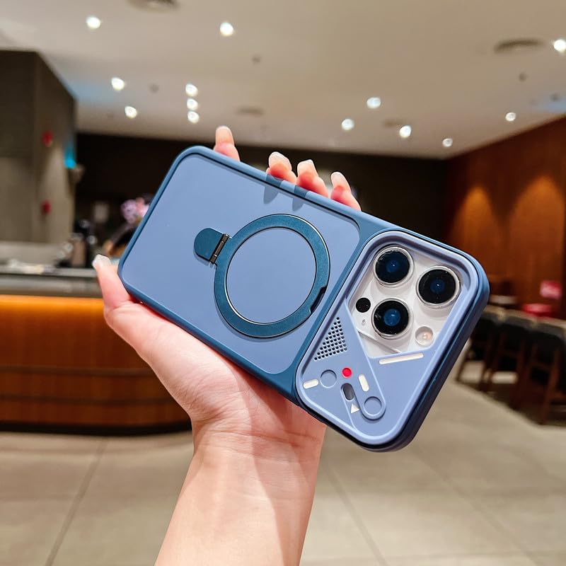 Image of LuxuryKase Magnetic Shockproof Case for iPhone 16 Pro Max | Foldable 110 Metal Ring Kickstand | Matte Finish | Futuristic Camera Shield Design | Slim Profile & MagSafe Compatible - Blue