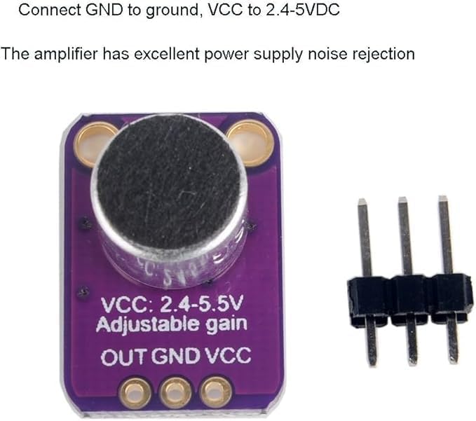 Image of GY MAX4466 Electret Microphone Amplifier Module, Purple PCB Board with 3-Pin Header, Sound Detection Sensor for rduino Projects