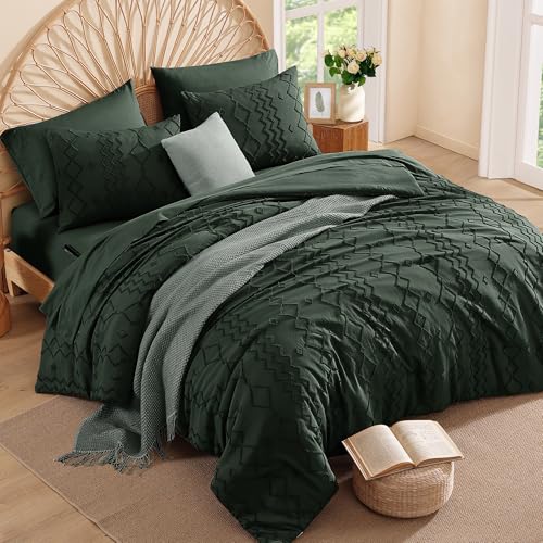 Image of AMBERSPACE Full Size Comforter Set Dark Green, Tufted Boho Bedding Farmhouse Bed Set, All Season 7 Pieces Bed in a Bag with Sheets, Pillowcases & Shams