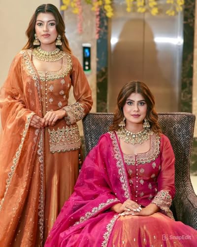 Image of Suppar Sleave Women's Chanderi Silk Embroidered Kurta Set with Lehenga Style Bottom & Dupatta | Bollywood Style Embroidery lehenga Choli Set For Woman