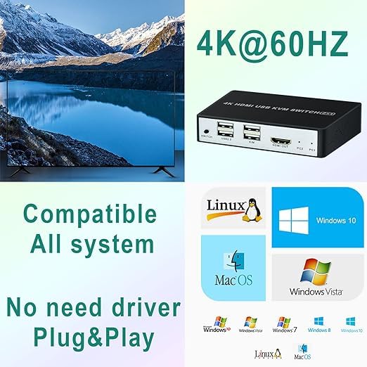 Conmutador KVM HDMI USB 2 puertos 4K, conmutador KVM SZJUNXIAO 2 entradas y 1 salida compatible con conmutador KVM UHD 4K@60Hz 2 PC 1 monitor con 2 cables USB, controlador de conmutación de escritorio