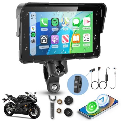 Image of 5 Inch Motorcycle CarPlay Screen with TPMS Sensors, Wireless Android Auto, Handlebar Control Power Cable, IP68 Waterproof Portable Motorcycle GPS Display