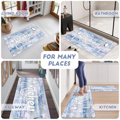 XLHOMO Kitchen Mats for Floor, Non Slip Blue Nappa Leather Kitchen Rugs Sets of 3, Farmhouse Washable Kitchen Runner Rugs Stain Resistant for Kitchen, Laundry Room, Bathroom, Entryway Carpet Decor