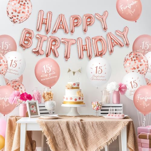 Luftballons 15 Jahre Geburtstag, 24 Stück Deko 15. Geburtstags Mädchen, 15 Alles Gute zum Geburtstag Ballons, Roségold 15. Geburtstagsdeko, 15th Birthday Ballon für Tochter