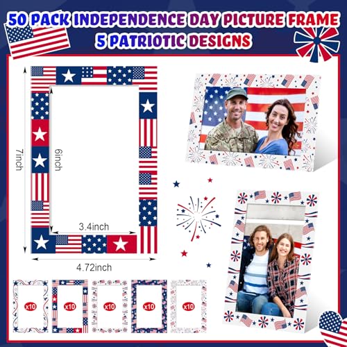 Image of AmazingSpark 50 Pack Patriotic Picture Frames 4x6, Independence Day Photo Booth Frames Bulk, Flag Day 4th of July Paper Photo with Easel Back, Assorted USA Flag Designs for Party Table Decor