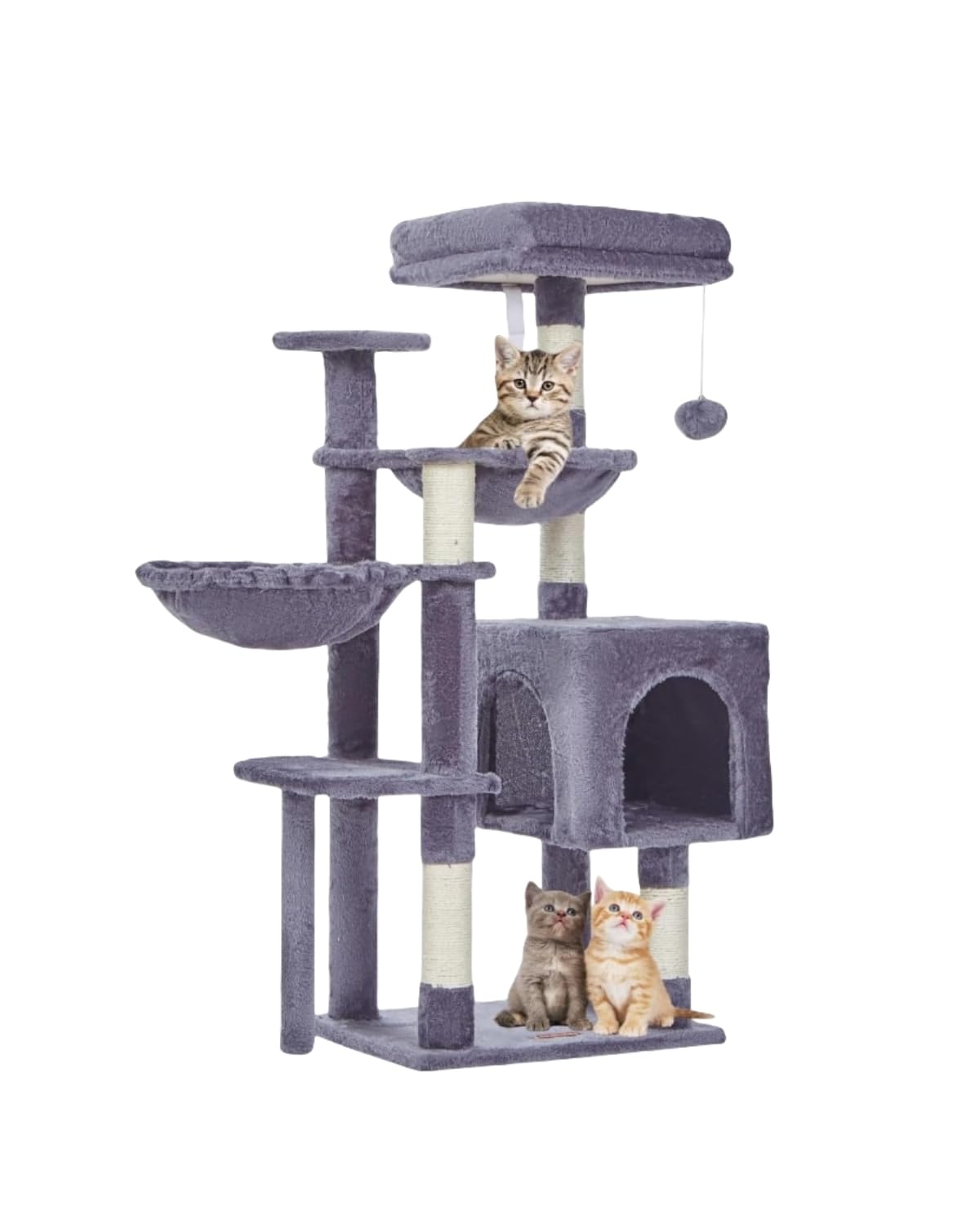 Taoqimiao Cat Tree, 39.4-Inch Cat Tower for Kittens, Cat Tree Tower with 5 Scratching Posts, Plush Cat Condo with Plush Perch, 2 Hammock, Pompoms, Smoky Gray MS019G