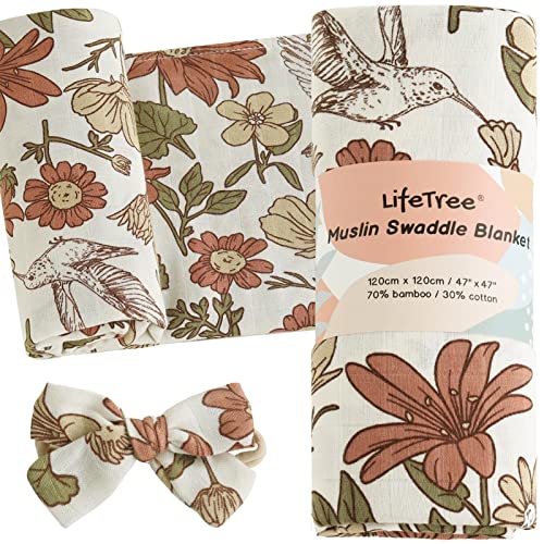 Image of LifeTree Baby Girl Swaddle Blanket Set, Soft & Eco-Friendly, Vintage Floral, Bamboo Cotton Muslin Swaddle Blankets for Newborn with Matching Bow Headband, Large 47 x 47 inches