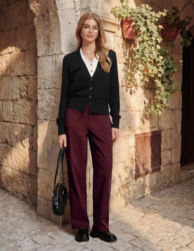 GRACE KARIN Womens Pants 2026, High Waisted Loose Dress Pants, Casual Daily Elastic Back Waist Soft Corduroy Trousers Wine S — view 3