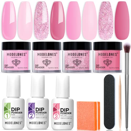 Modelones Dip Powder Nail Kit Starter, 4 Colors Pink Glitter Dipping Powder Essential Liquid Set with Base Top Coat Activator French Nail Art Manicure DIY Salon All-in-One Beginner Extension Kit Valentine's Day Gift for Women